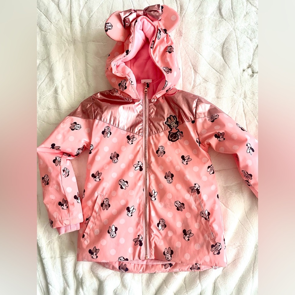 DISNEY MINNIE MOUSE EARS HOODED ROSE GOLD PINK RAINCOAT Sz 5/6